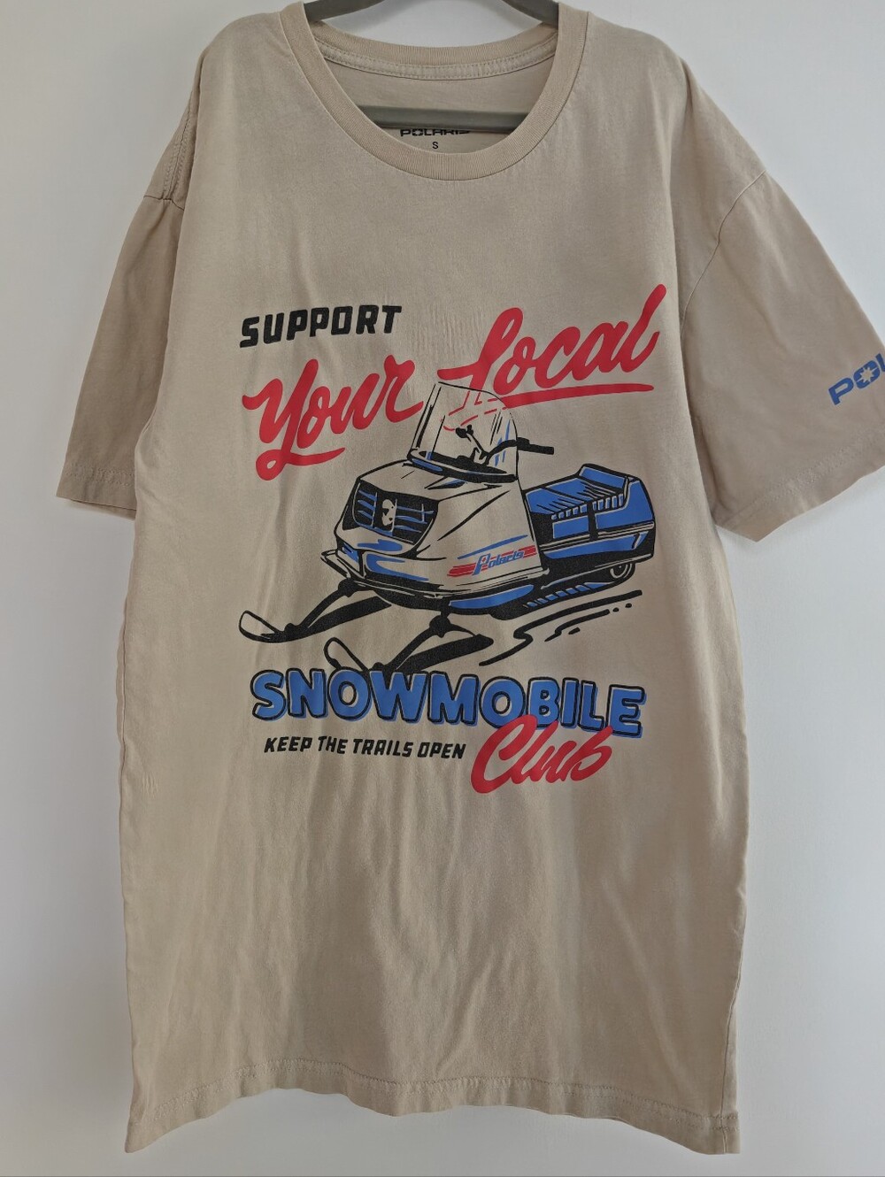 beige Polaris Vtg Retro graphic t shirt Support Your Local Snowmobile Club Sz S